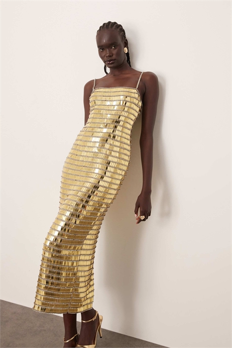 Макси-платье-камизолька с линейными аппликациями на колоннах артикул 148707891