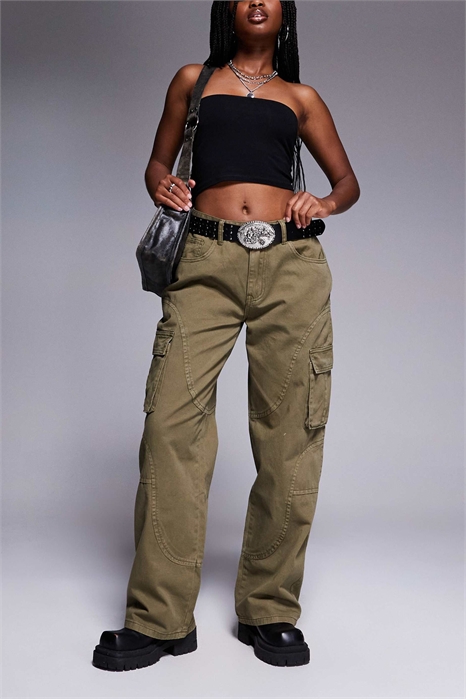 Джинсы-багги с деталями швов в стиле карго, цвет хаки артикул 140137325