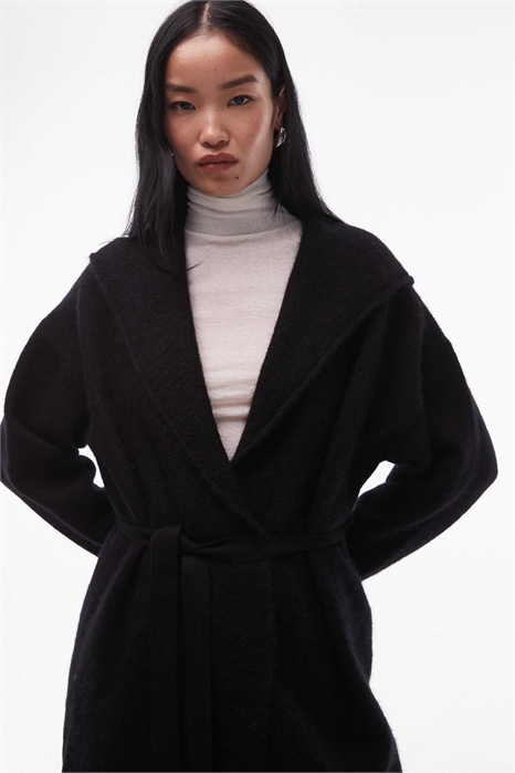 Кардиган из альпаки свободного кроя средней длины с завязкой спереди, черный артикул 152632119