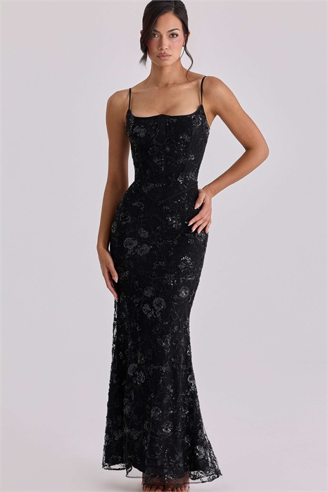 Макси-платье-корсет черного цвета с ручной вышивкой бисером от Naima артикул 155774582