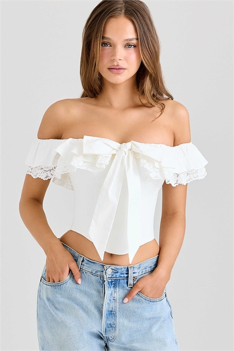 Корсет Aria из белого эластичного хлопка с открытыми плечами и оборками артикул 150202544