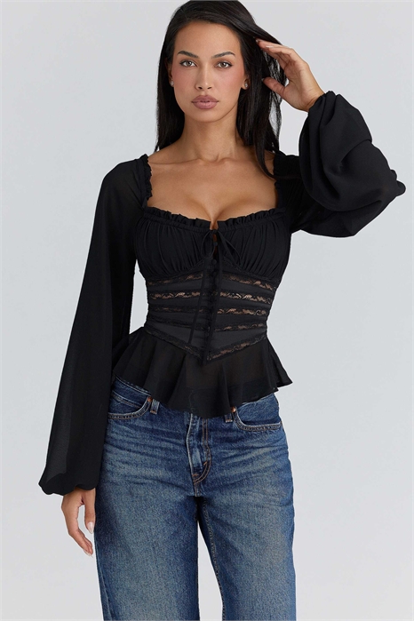 Топ Cara черного цвета с длинными рукавами из жоржета с баской артикул 154853749