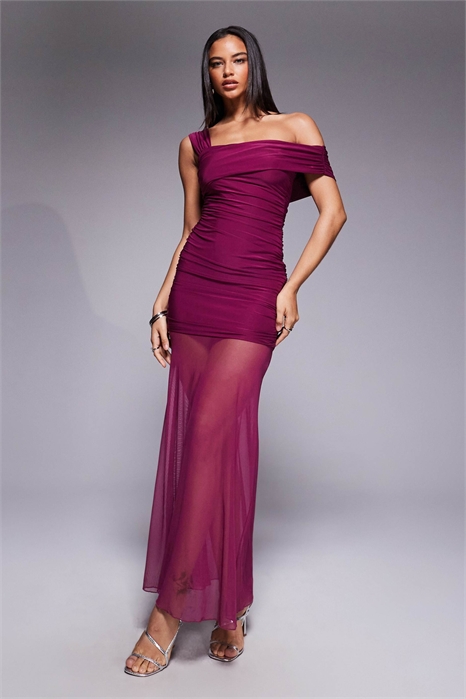 Эксклюзивное двухслойное облегающее асимметричное макси-платье с одним плечом и прозрачным подолом артикул 151092127