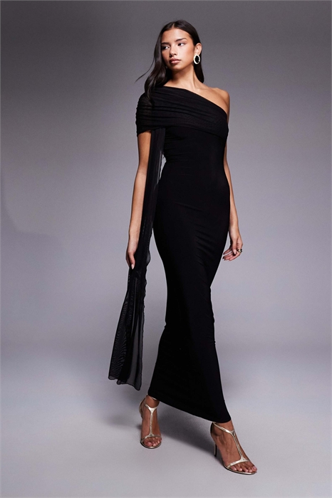 Эксклюзивное макси-платье из двухслойной эластичной сетки с одним плечом и драпировкой артикул 153399794