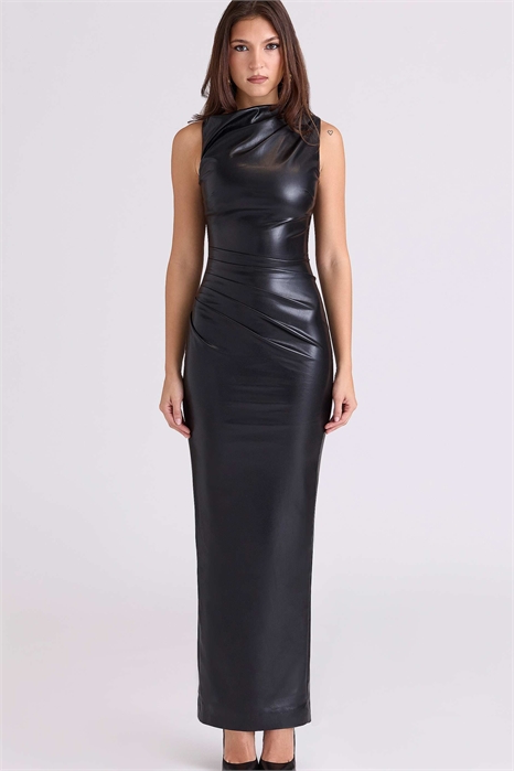 Макси-платье Maya из чёрной веганской кожи с драпировкой артикул 153687803