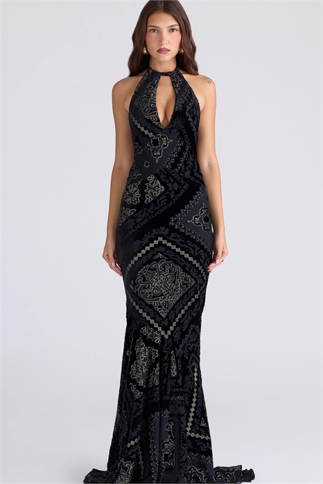 Макси-платье Oliviana из деворе-бархата черного и золотого цветов артикул 152799633