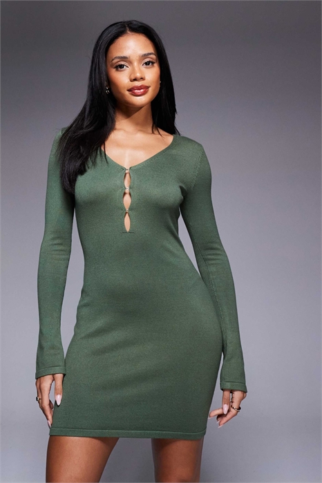 Эксклюзивное мини-платье с длинными рукавами и вязаным вырезом артикул 148708646