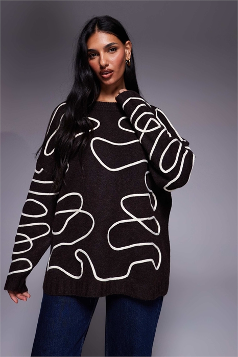 Свитер с круглым вырезом из эксклюзивной шерсти с абстрактным узором артикул 153402749