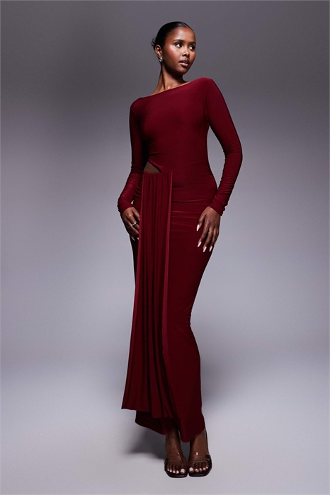 Эксклюзивное макси-платье с двуслойной драпировкой на талии и вырезами артикул 148784031