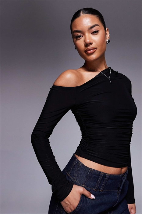 Эксклюзивный двухслойный топ с открытыми плечами и длинными рукавами артикул 142513973