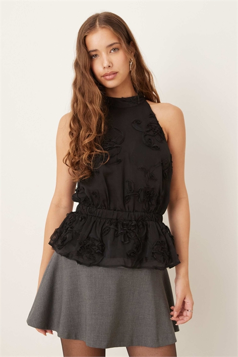 Топ с вышитым пеплумом и завязками за шеей артикул 151782803