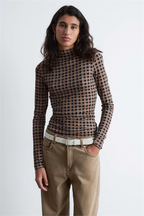 Джерси, топ с длинным рукавом «вторая кожа», черный в клетку артикул 152667104