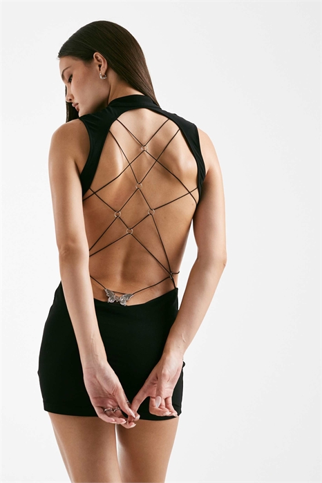 Мини-платье Larisa с облегающим силуэтом, вырезом в форме замочной скважины, открытой спинкой в виде креста и фурнитурой с рисунком в виде бабочки артикул 149752778