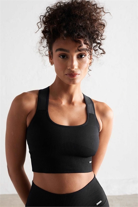 Черный бюстгальтер с ребристой конструкцией и высокой поддержкой артикул 142297852