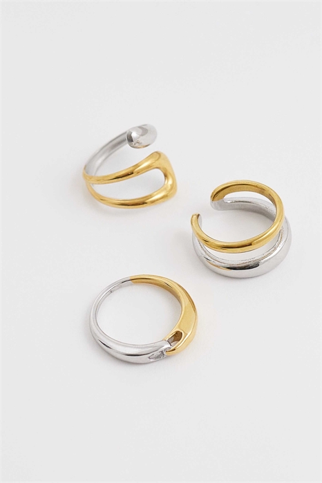 Эксклюзивный набор из 3 массивных колец из нержавеющей стали с покрытием из 18-каратного золота артикул 154971628