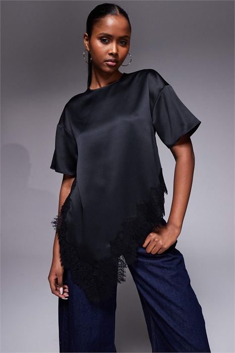 Футболка из атласа с асимметричным кружевом артикул 155001630