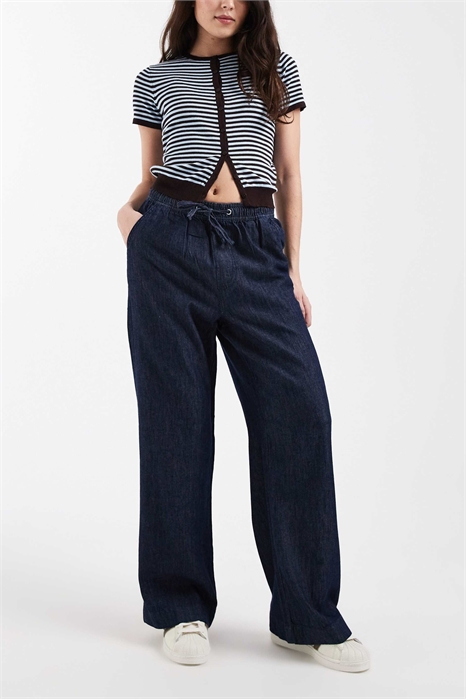 Брюки из джинсовой ткани чамбрей с широкими брючинами артикул 155388677