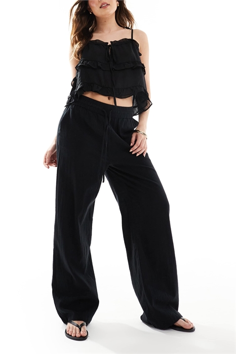 Брюки с широкими брючинами из ткани под лен артикул 140196381