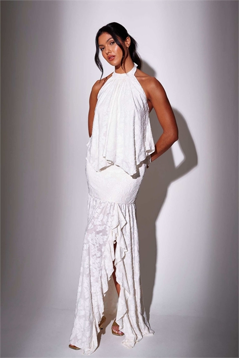 Макси-юбка с высокой талией, рюшами спереди и разрезом артикул 155532761