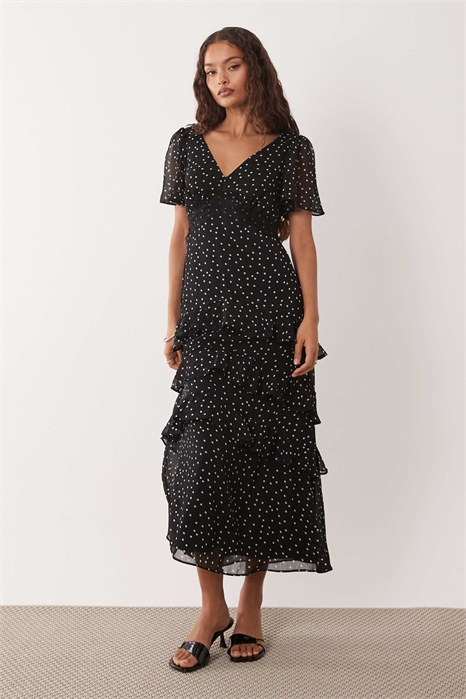 Макси-платье из шифона с воланами в горошек артикул 155394049