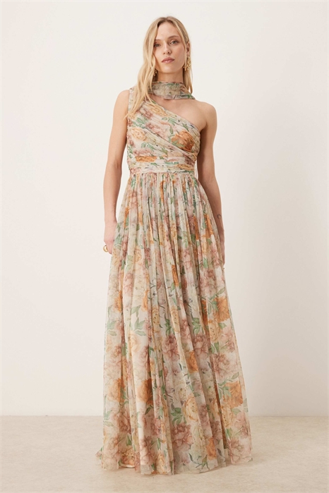 Макси-платье с одним плечом, шарфом на шее артикул 154401418