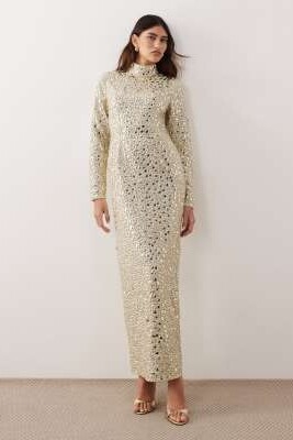 Макси-платье с высоким воротником, длинными рукавами и фактурными пайетками артикул 151701854