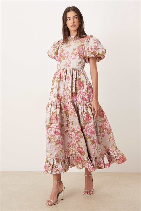 Платье средней длины Dream Sister Jane Almost Bloom с жакардовым принтом, буфчатыми рукавами и многослойным рюшевым подолом артикул 154902691