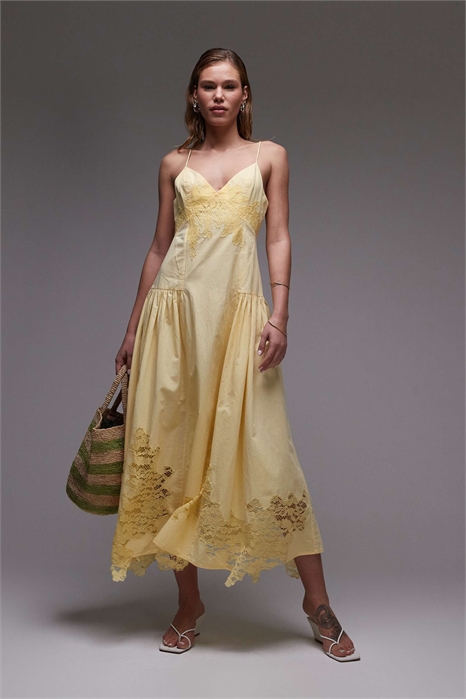 Среднедлинное летнее платье из поплина с ажурным кружевом артикул 140312667