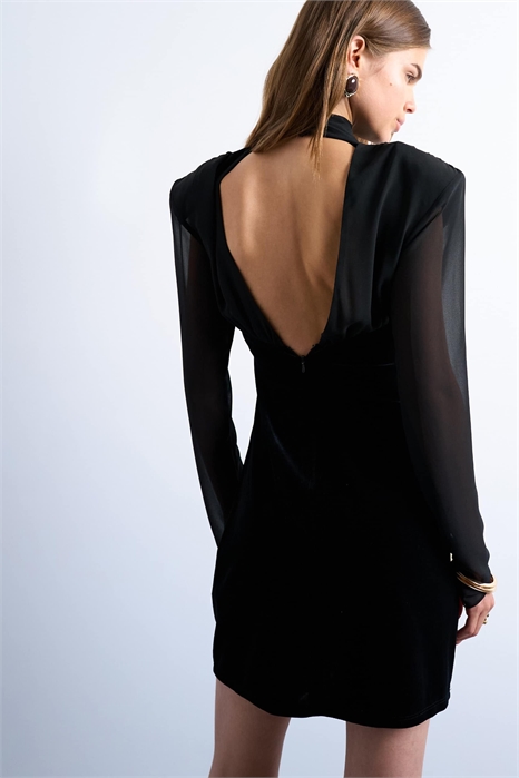 Мини-платье с длинными рукавами из смеси бархата и шифона с плечевыми накладками артикул 149733287