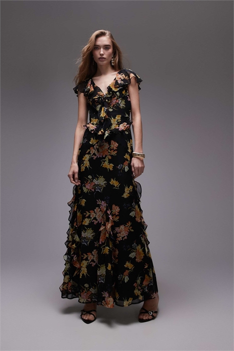 Праздничное платье средней длины с рукавами-крылышками и оборками артикул 139714450