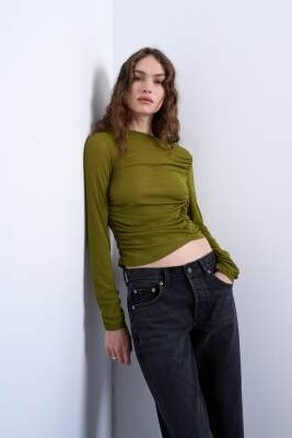 Топ с длинными рукавами из сетчатой ткани с эффектом скручивания и драпировки артикул 151963305