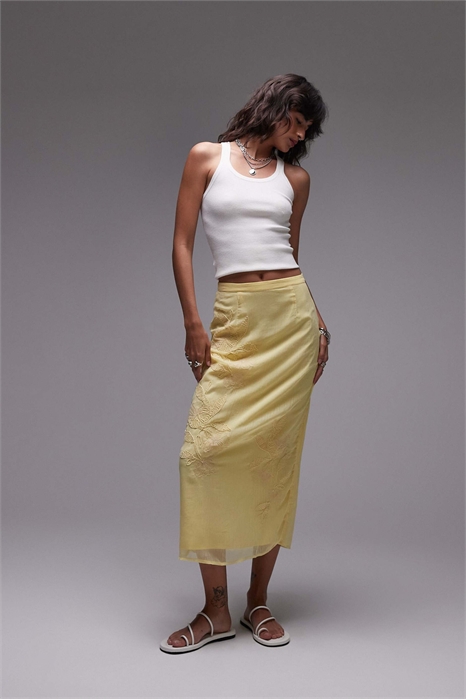 Прозрачная юбка средней длины с цветочной вышивкой артикул 141240453