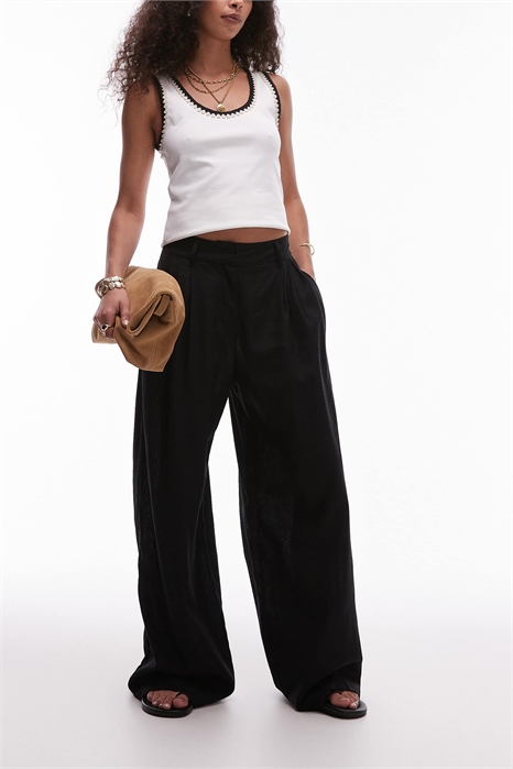 Льняные брюки с высокой талией и двойной складкой артикул 140623640