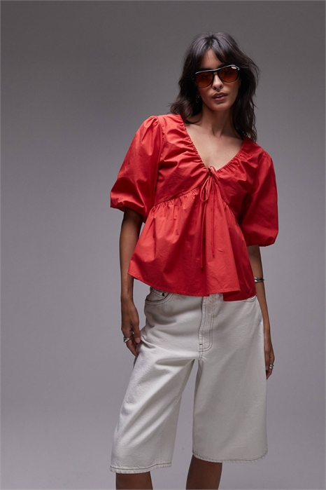 Топ из поплина с буфчатыми рукавами артикул 147966337