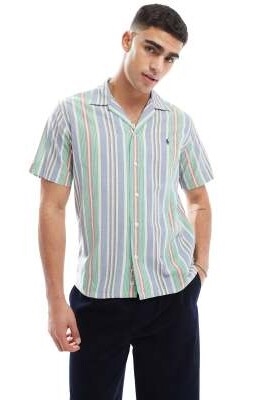 Рубашка с коротким рукавом, логотипом в виде значка и разноцветными полосками, классический крой свободного покроя артикул 140859003