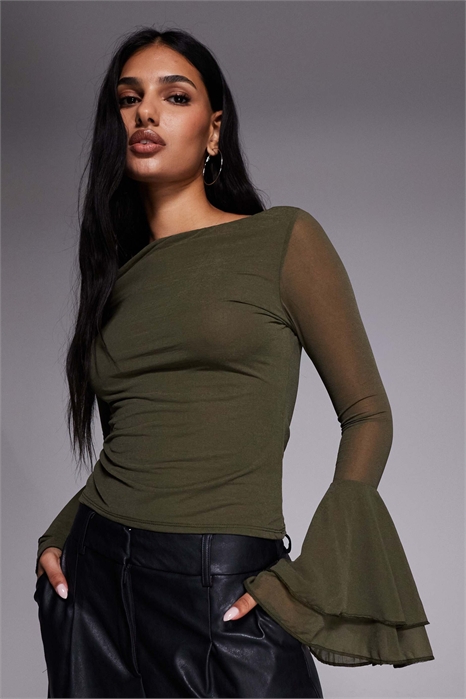 Топ с длинными рукавами из сетчатой ткани с расклешенными рукавами артикул 155092657