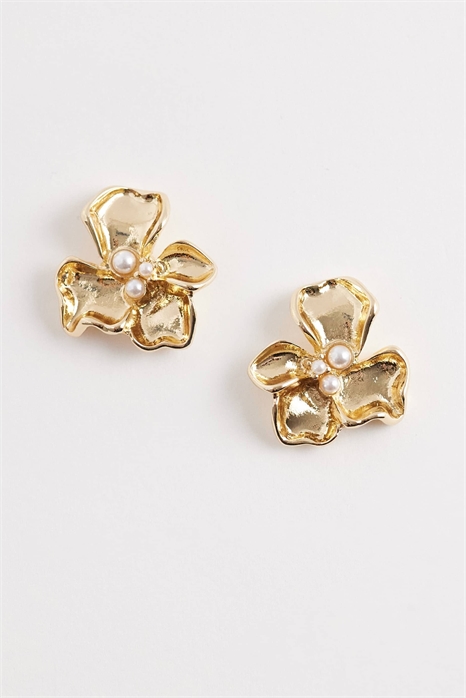 Миниатюрные серьги-гвоздики с цветком и искусственной жемчужиной в центре артикул 155174030