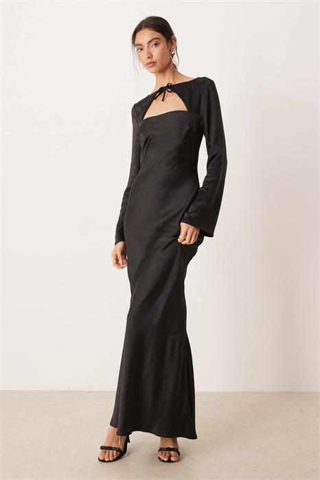 Макси-платье из атласа с длинными рукавами артикул 153529563