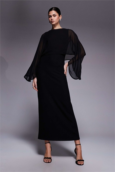 Макси-платье с асимметричным рукавом и шифоновым накидкой артикул 154083613