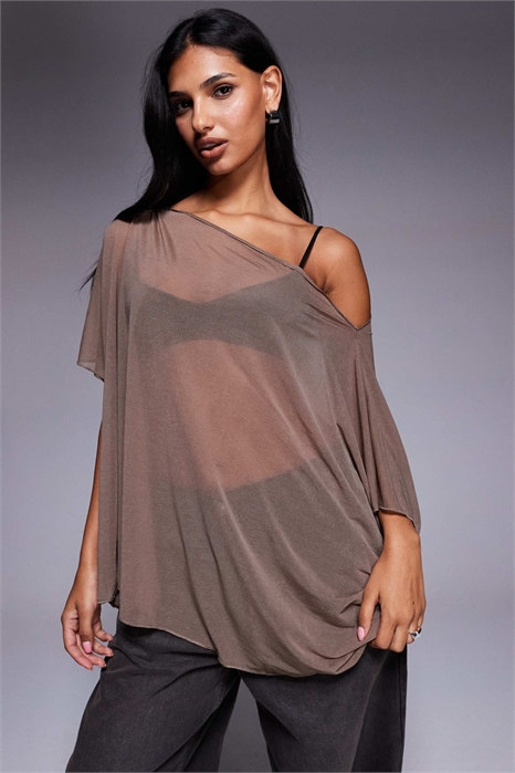 Длинный топ-накидка из сетчатой ткани с открытыми плечами и свободным кроем артикул 150389626