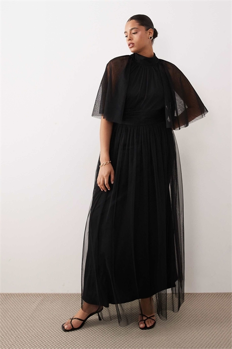 Макси-платье из тюля с высоким воротником и рукавами-крылышками артикул 153787683