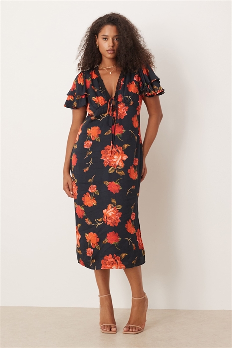 Платье-миди с V-образным вырезом и рукавами с оборками артикул 148191916