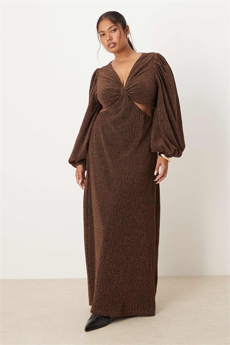 Макси-платье с V-образным вырезом, рукавами-балонами и асимметричным вырезом артикул 150326976