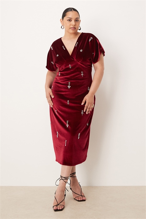 Бархатное платье средней длины с V-образным вырезом и декоративными элементами артикул 149853354