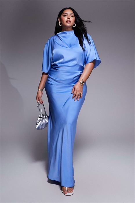 ASOS DESIGN Curve: макси-платье-блузон из атласа с высоким воротником и рукавами-крылышками артикул 148817659