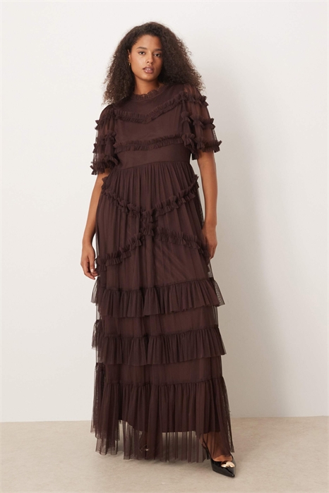 Макси-платье из тюля с высоким воротником и короткими рукавами артикул 151633177