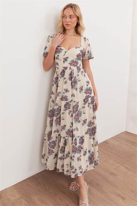 Платье средней длины с цветочным принтом, вырезом «сердце» и буффами артикул 154896354