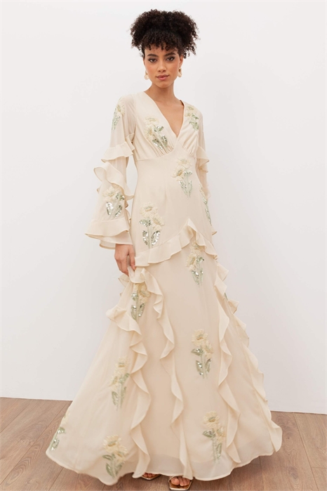 Макси-платье с длинными рукавами и оборками артикул 154610636