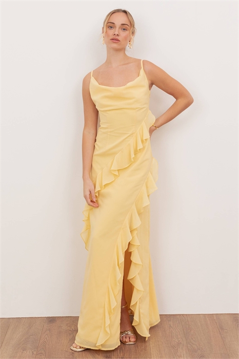 Макси-платье с воланами, водопадным вырезом и капюшоном артикул 154753893