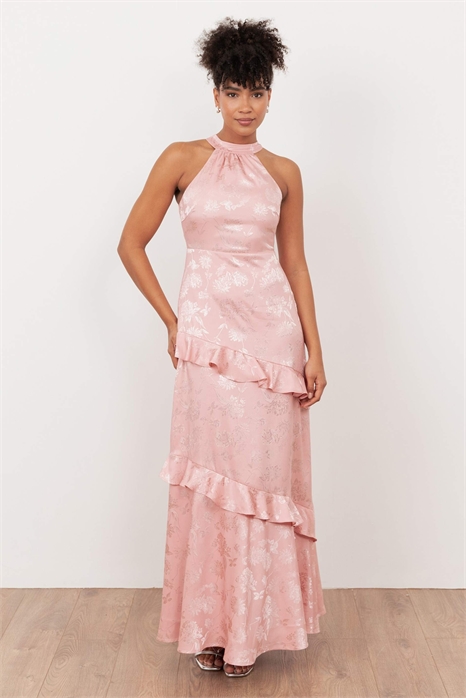 Макси-платье из атласа с цветочным жаккардовым узором и завязками на шее артикул 154345848